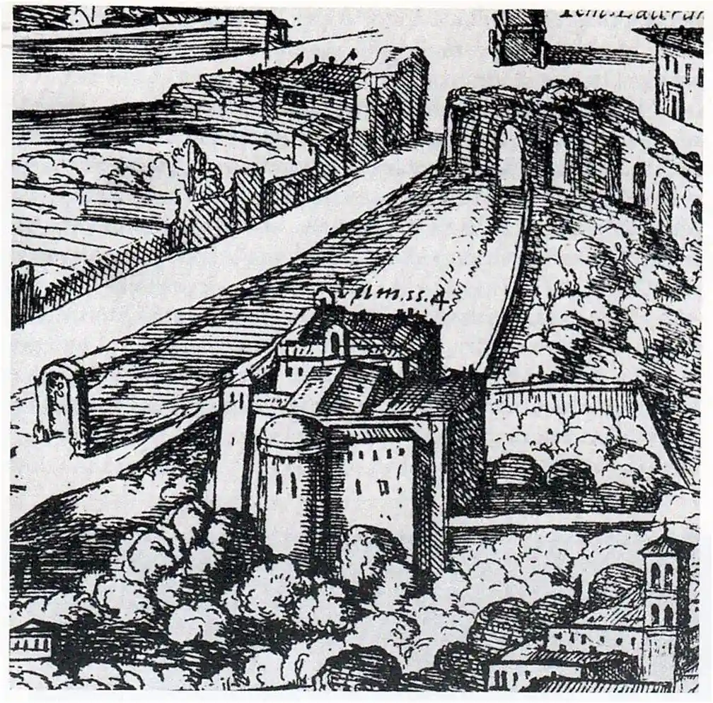 Basilica dei Santi Quattro Coronati particolare della pianta di A. Tempesta 1593 con chiesa al Celio