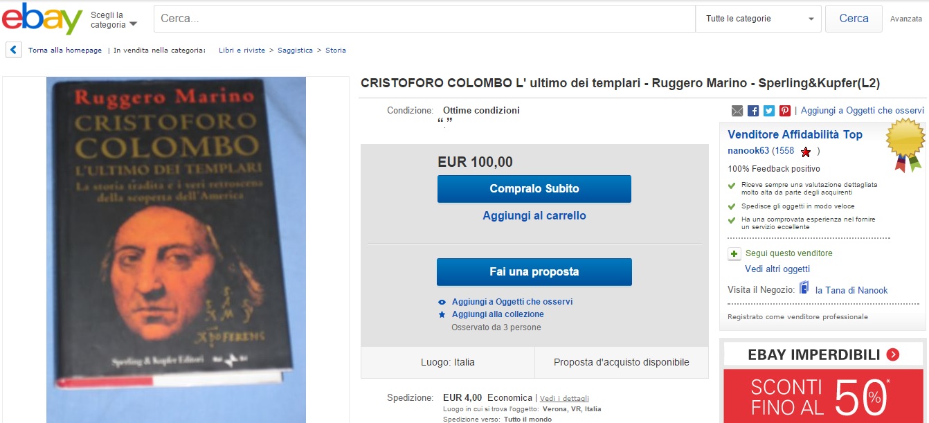 IL LIBRO SUL COLOMBO TEMPLARE SI TROVA OFFERTO A 100 EURO