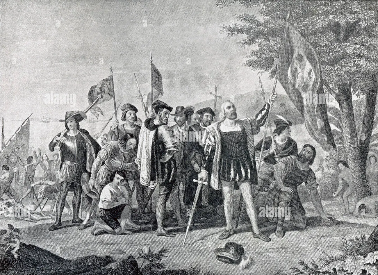 Cristoforo Colombo e il suo equipaggio sbarcano sull'isola che egli chiamò Hispaniola l'attuale Repubblica Dominicana e Haiti