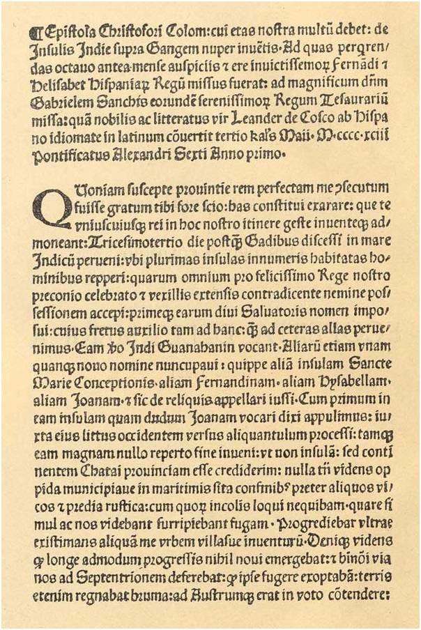 LA LETTERA DI COLOMBO AL RITORNO DALLA “SCOPERTA” (1493)